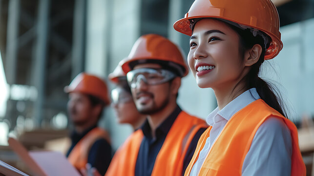 A team of construction workers wearing safety gear on site. Focused on safety, they look towards the future, driven by teamwork and skilled craftsmanship, ensuring a strong future.