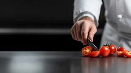 A chef is meticulously slicing vibrant, fresh tomatoes on a sleek, stainless steel surface, showcasing culinary artistry and precision in food preparation.