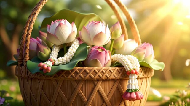 Basket of fresh lotus flowers and traditional jasmine garlands, sunlit outdoor