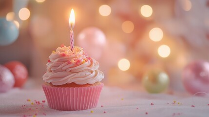 Pink birthday cupcake with candle