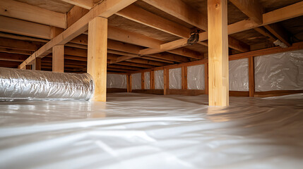 The encapsulated crawl space has vapor barrier and is in good condition. The wood beams hold up the floor with support posts. There is ductwork, walls and floor are white.