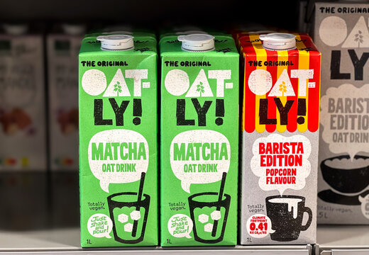 10.28.2025 - Flensburg, Germany. New oatly matcha plant-based milk on a shelf of a supermarket