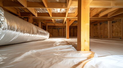 A bright, encapsulated crawl space featuring a clean white vapor barrier covering the floor, wooden support beams, and insulated duct work, showcasing a moisture-controlled area.
