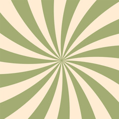 Green and beige swirl groovy starburst background. Retro twisted rays pattern with vintage psychedelic vibe. Abstract dynamic spiral design for posters, banners, wallpapers. Vector illustration.