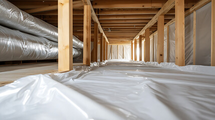 A crawl space is visible with wooden beams and support posts. Insulation lines the walls, and a plastic liner covers the ground, creating a barrier against moisture and pests.