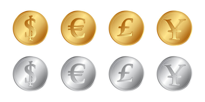 shiny gold and silver dollar euro pound yen coins money set of 8 vector on transparent background