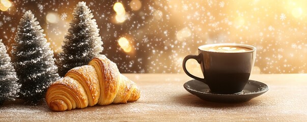 Steaming coffee and croissant sitting on snowy table with holiday trees