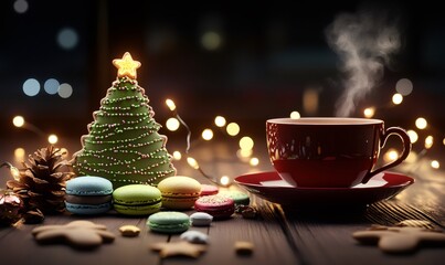 Steaming red mug and festive cookie on a wooden table with blurred string lights