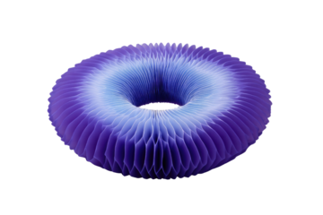 A vivid purple and blue donut-shaped abstract object with intricate pleated textures. Gradient colors enhance its unique, organic yet geometric, artistic form. background removed