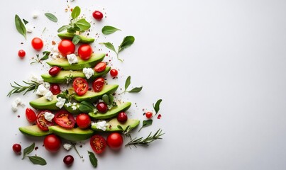 Avocado, cherry tomatoes, feta, and herbs arranged as a christmas tree on white background