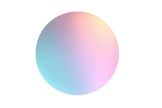 A vibrant circular gradient disk, blending soft blues, purples, pinks, and yellows, floats against a solid dark transparent background. background removed
