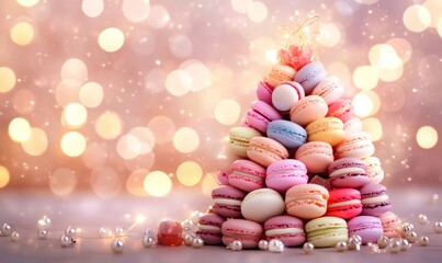 Colorful macarons arranged as a festive christmas tree presenting sweet holiday treats