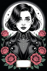 Gothic Grunge Girl Illustration: Biker Jacket, Red Roses, and Occult Necklace