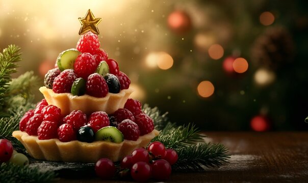 Festive fruit tart representing a christmas tree, with raspberries, kiwi, and pastry on a wooden table