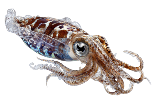 A detailed close-up of a vibrant cuttlefish, showcasing its intricate patterns, large eye, delicate tentacles, and iridescent fins against a solid background. background removed