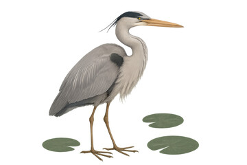 Fototapeta premium Grey heron standing on lily pads on transparent background, capturing elegant wading bird wildlife