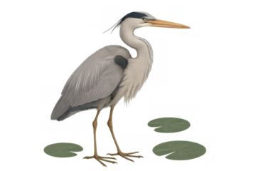 Grey heron standing on lily pads on transparent background, capturing elegant wading bird wildlife