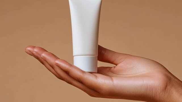 A person's hand holds a small, white, unlabeled tube, possibly containing lotion or cream. The background is a simple tan color. Shot in a studio