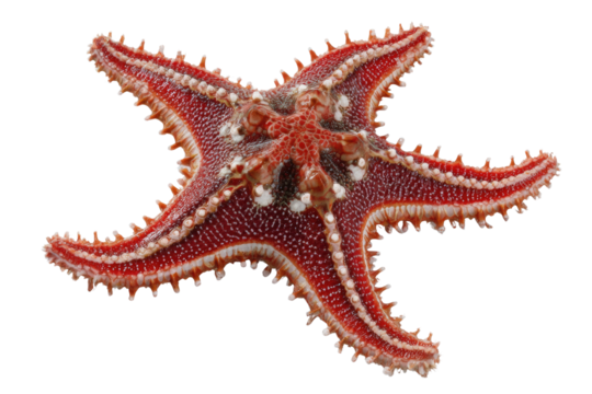A vibrant red starfish with five textured arms, adorned with white dots and spines, isolated against a solid transparent background. background removed