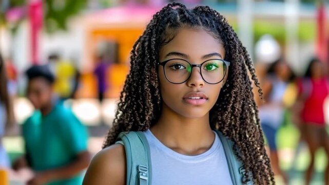 A teenager with glasses and braids is standing on school grounds. She has a backpack on and smiles, facing the camera while other students are visible in the background