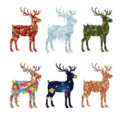 Set of six highly decorative Christmas reindeer silhouettes, featuring unique holiday patterns: presents, ice, forest, bows, gingerbread, and cosmic stars, isolated graphic resources.