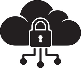 Black silhouette icon of a cloud with a padlock symbolizing secure cloud data protection and privacy