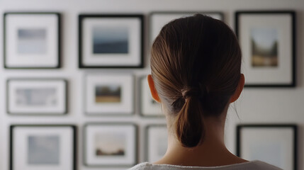 A woman stands before a wall adorned with framed art, her back turned, focused on the curated collection. The room is bright, adding to the tranquil atmosphere. Modern gallery wall.
