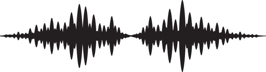 Black horizontal audio waveform sound signal silhouette graphic on white background