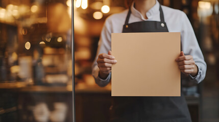 A worker in an apron holds a blank sign in front of a shop window, inviting you to fill in the message. Perfect for your business needs. Get your message across easily!