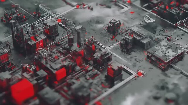 A Stunning Aerial View of a Futuristic Urban Landscape with a Bold Red Color Palette and High-tech Architecture