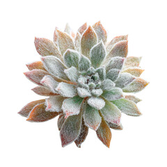 Obraz premium Close-up of a fuzzy Echeveria succulent with green and reddish-orange leaves, arranged in a tight rosette. background removed
