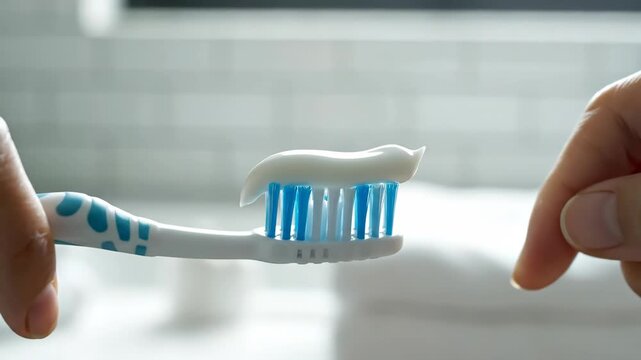 Smooth toothpaste application on toothbrush in sunlit bathroom
