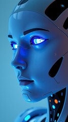 A closeup of a blueskinned robot with glowing white and blue eyes