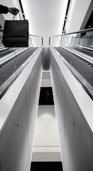 A person's hand holds a black shopping bag on a modern escalator. High-angle, symmetrical perspective in a minimalist shopping mall. Concept for urban retail, consumerism, and architectural design.