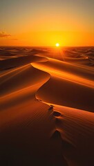 A desert landscape is depicted at sunset with vast sand dunes in warm tones and the sun on the horizon