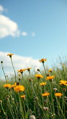 A field of yellow flowers with green stalks against a clear blue sky with scattered clouds