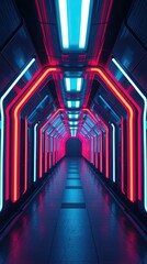 A long futuristic hallway lit with neon lights leading into a dark space