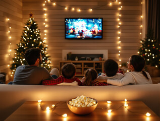 A family enjoying a cozy Christmas movie night at home with popcorn and festive lights