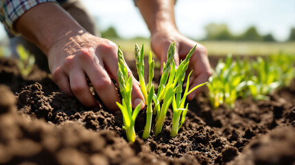 Farmer's hands planting fresh asparagus shoots in rich, dark soil on a sunny day