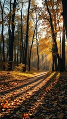Forest path in autumn with light filtering through bare trees casting shadows on leafcovered ground