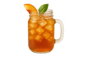 Iced peach tea in a mason jar with a basil garnish, a refreshing summer drink on transparent background