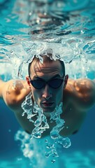 Swimmer underwater wearing dark glasses surrounded by water bubbles and ripples