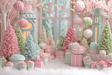 Winter scene featuring pastel fir trees, candy pink and mint decorations, and festive gifts creating a sweet holiday ambiance with copy space for text