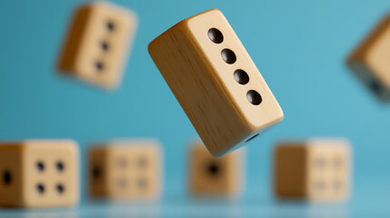 Captivating view of tumbling dice against a serene blue backdrop. Chance, games, luck, and decision-making are the focus with crisp detail and soft lighting.