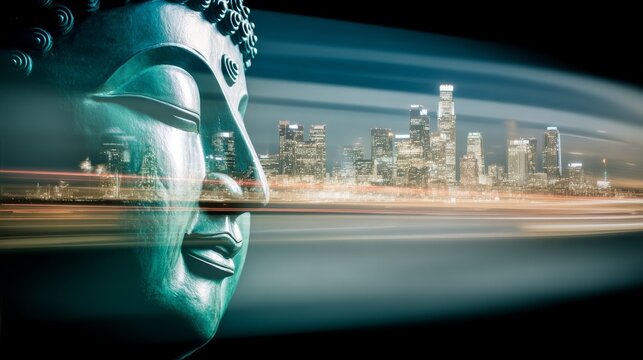 Buddha statue with blurred cityscape background at night - Powered by Adobe