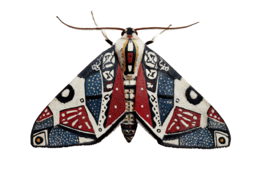 A striking moth with intricate, colorful geometric patterns in red, blue, black, and white on its wings, isolated. background removed - Powered by Adobe