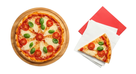 Delicious margherita pizza with basil, cheese, and tomato slices on wooden board with napkins