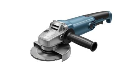 Blue electric angle grinder tool with black handle and silver disc head