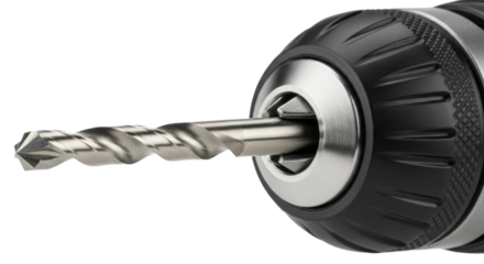 Close-up of metal drill bit in black chuck tool for precision drilling