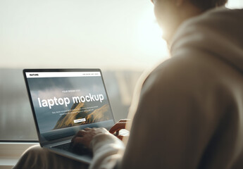 Laptop mockup in warm sunlight by window
